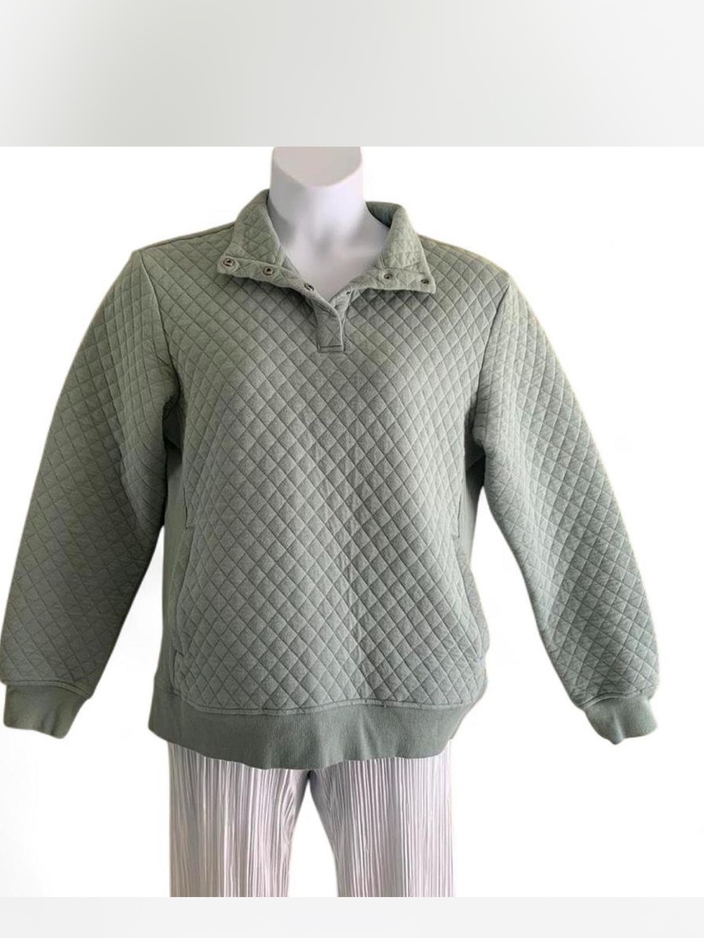 KIAVA Quilted Zip-Up Pullover Sweater - Sage Green